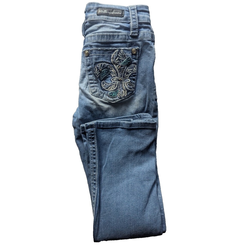 Stella In Dreams Midrise Boot Cut Jeans Embroidered Size 3/26 fleur-de-lis sr164